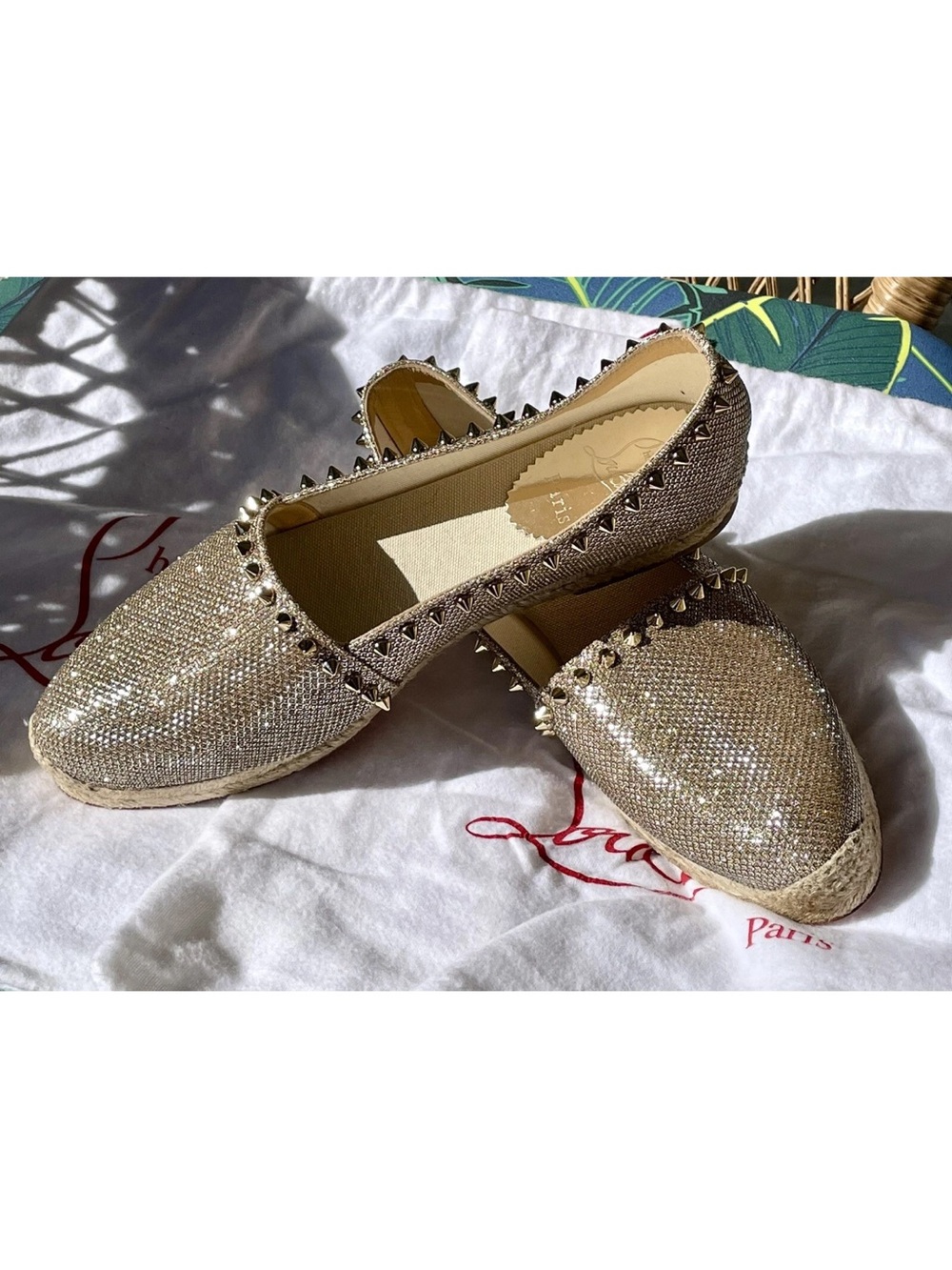 Christian Louboutin Gold Crystal Studded Espadrille Flats